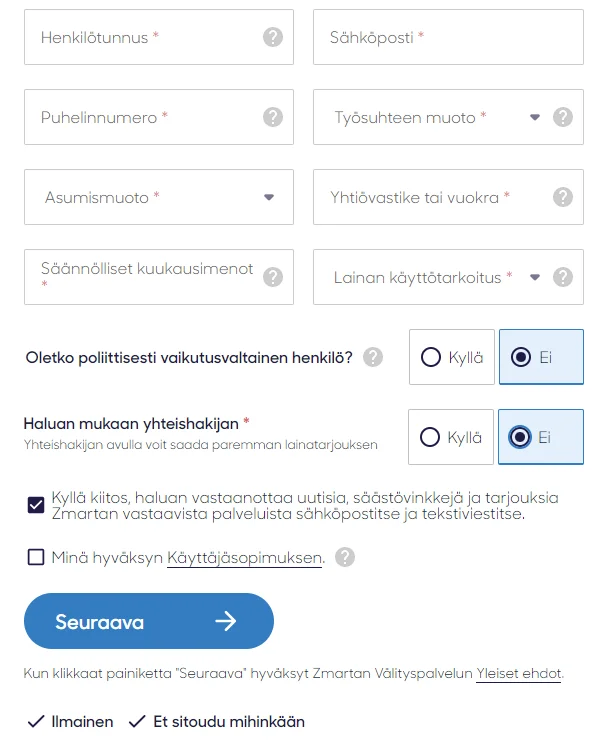 Kuvakaappaus Zmartan lainahakemuksen toisesta vaiheesta